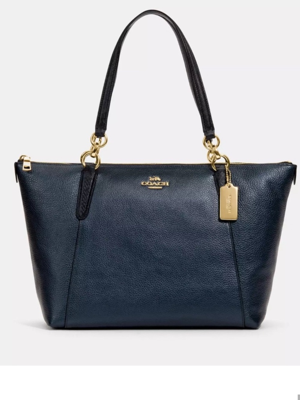 Coach Ava Crossgrain Leather Tote Bag with Metal Tag in Navy